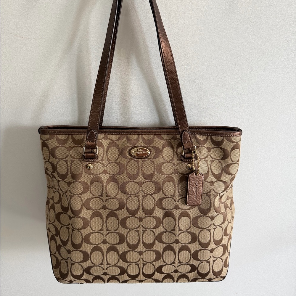 Coach Signature Zip Top Tote Bronze
